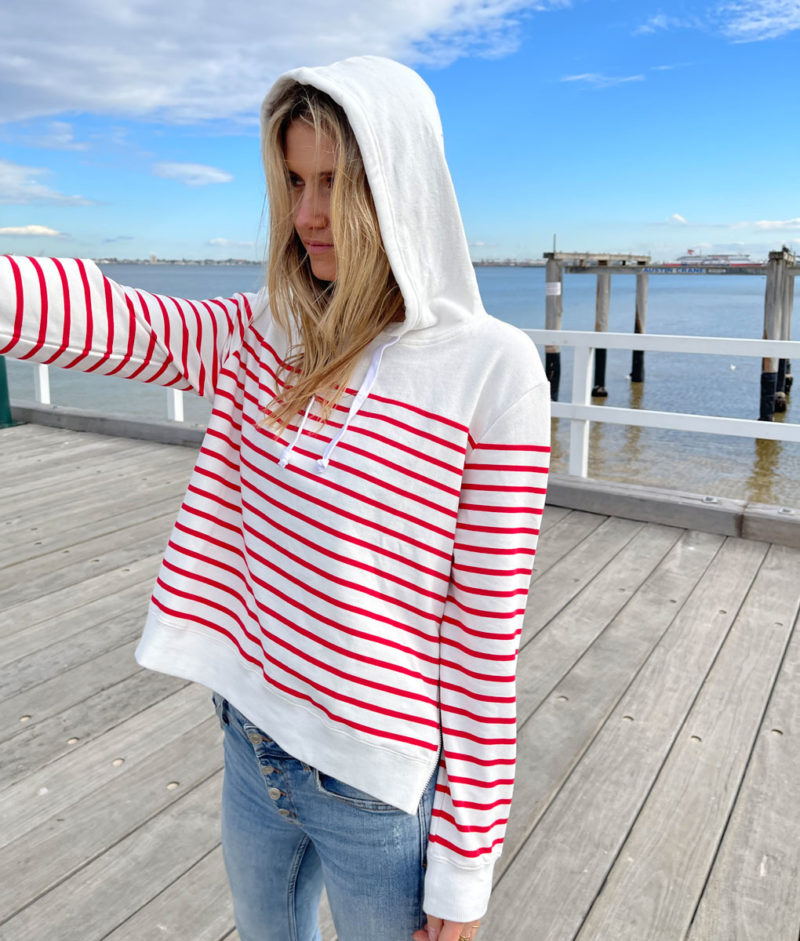 Sophie Moran | Nautical Story Stripe Hoodie in White & Red - Image 10