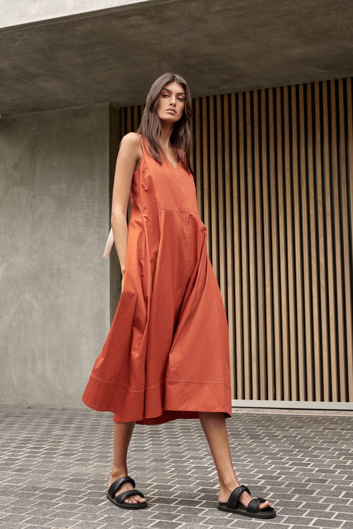 Layer d Flata Dress In Red Ochre Thyme Clothing