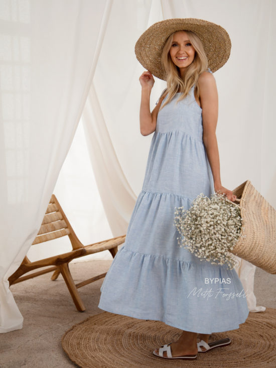 Bypias | Audrey Linen Maxi Dress in Oxford Blue