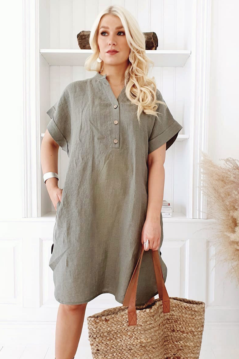 Bypias | Safari Linen Dress in Camo Green