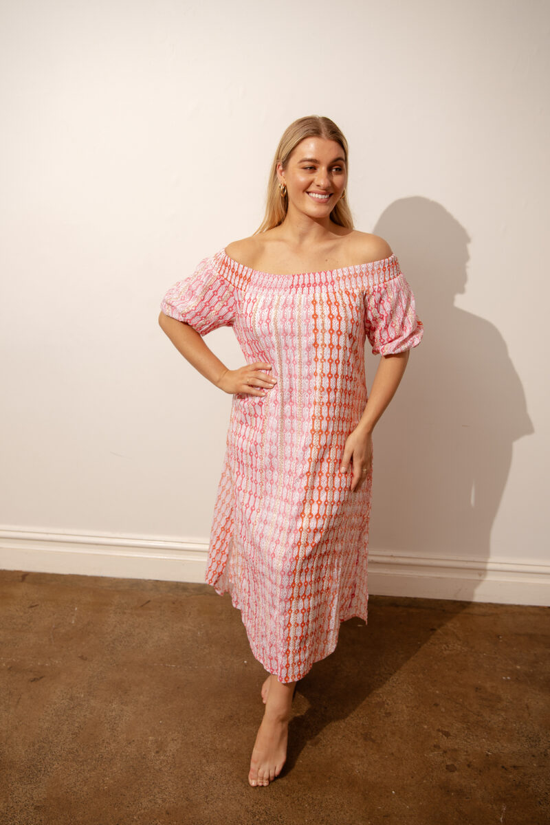 Azure and Indigo Geo Lines Off Shoulder Dress - Image 3