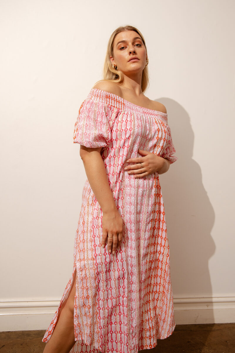 Azure and Indigo Geo Lines Off Shoulder Dress - Image 2