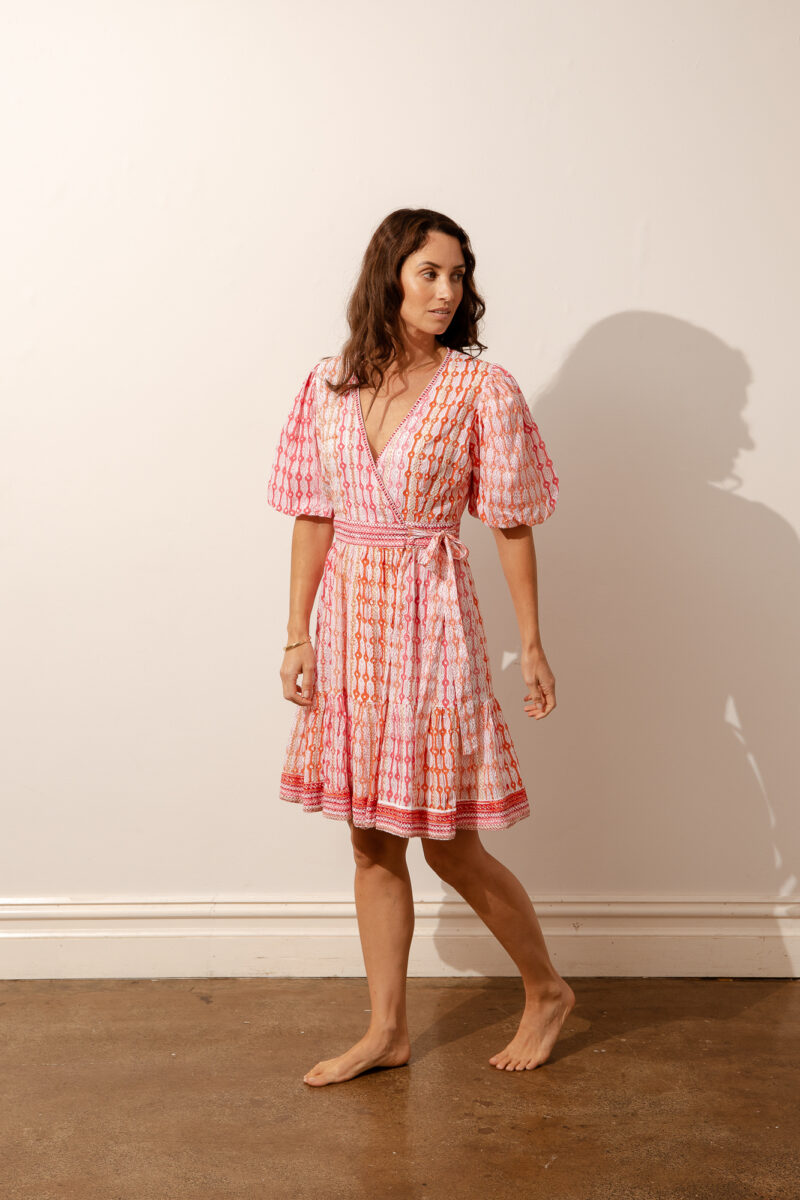 Azure and Indigo Geo Lines Wrap Mini Dress - Image 2