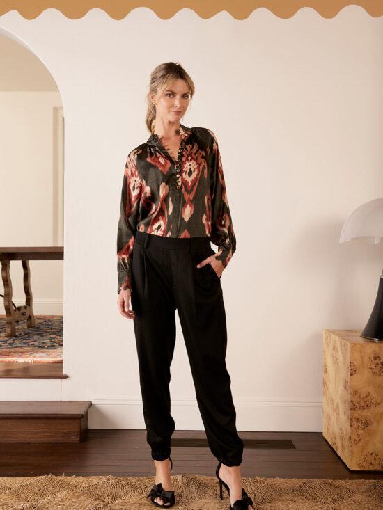 The Dreamer Label Dara Ikat Silk Blouse Charcoal