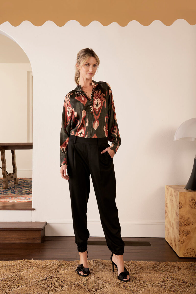 The Dreamer Label Dara Ikat Silk Blouse Charcoal