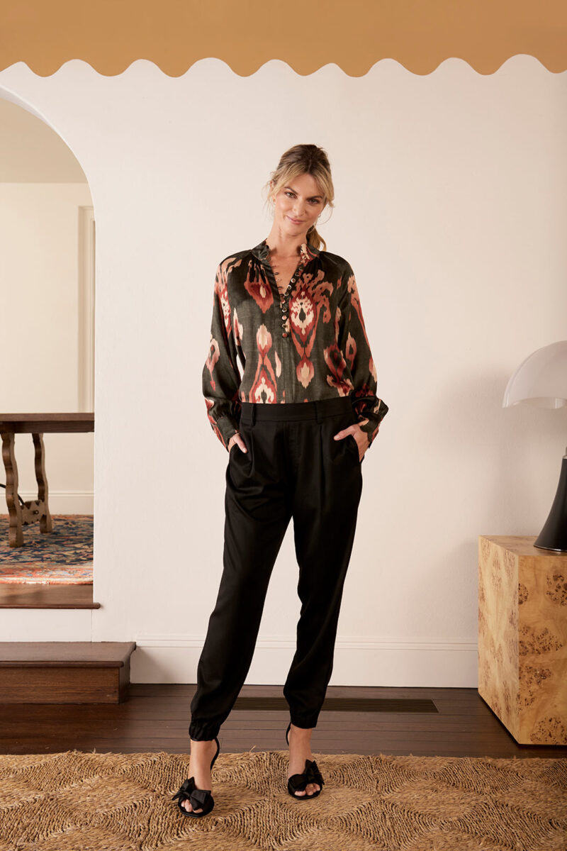 The Dreamer Label Dara Ikat Silk Blouse Charcoal - Image 2