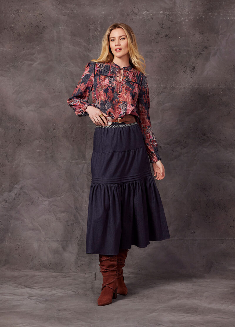 LS2618 Elsa Blouse Cranberry Multi RRP 299 LS2603 Ursula Skirt Indigo Denim RRP 349