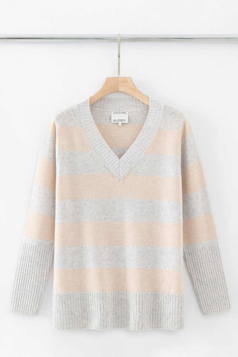 Aleger Cashmere Blend Stripe Deep V Neck Knit N.104 Grey/Shell