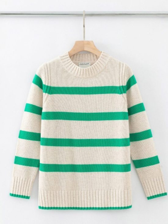 Aleger Cashmere Blend Wide Stripe Deep Hem Crew Knit N.117 Shelly Kelly