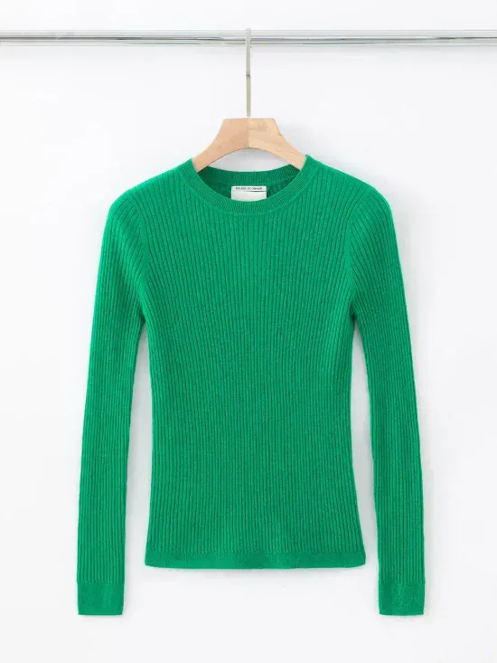 Aleger Cashmere Blend Skinny Rib Keyhole Back Crew Knit N.78 Kelly Green