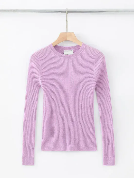 Aleger Cashmere Blend Skinny Rib Keyhole Back Crew Knit N.78 Orchid