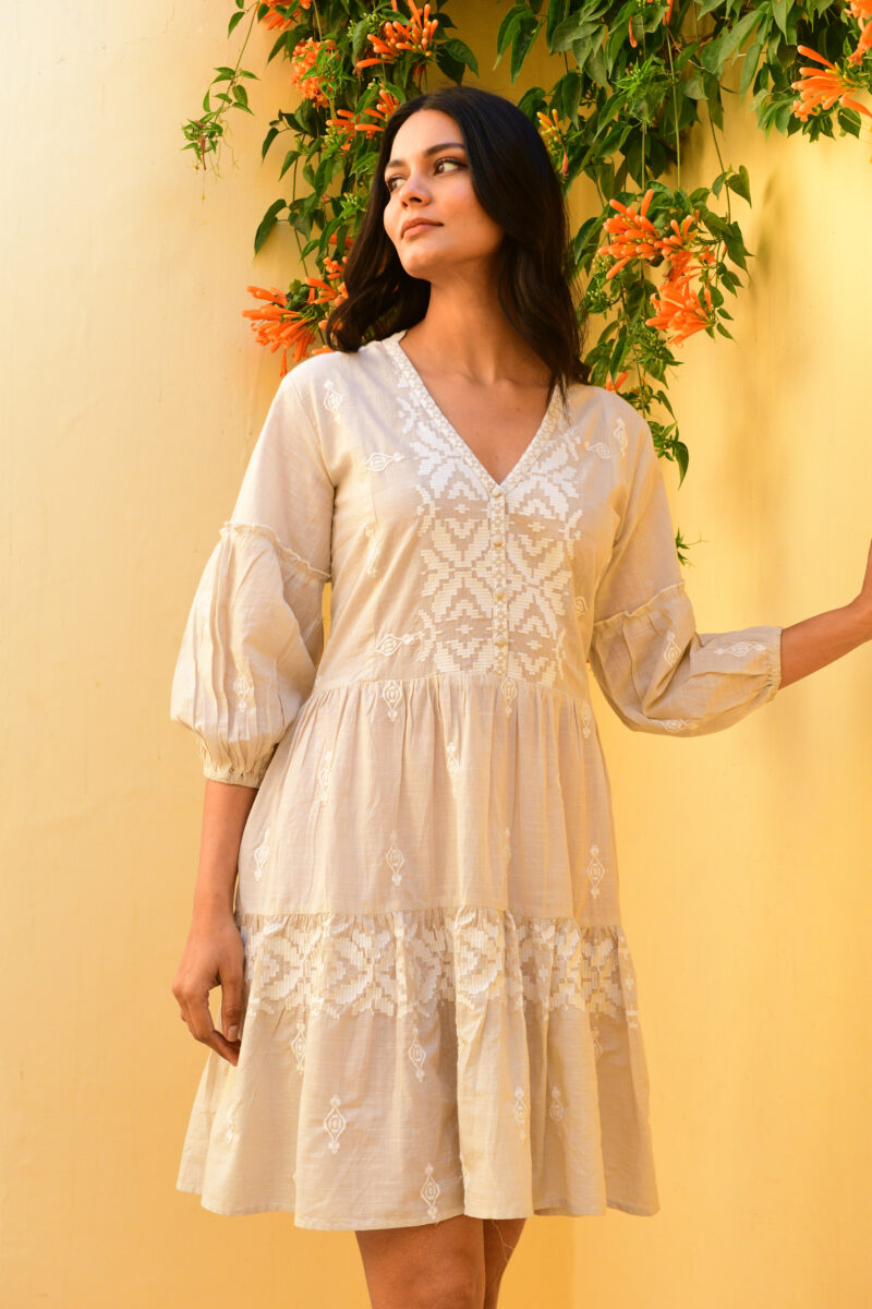 Azure and Indigo Folk Mini Dress Oat - Image 4