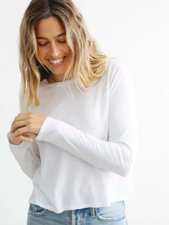 Perfect White Tee Axel Cotton Long Sleeve Boxy Crew Tee White