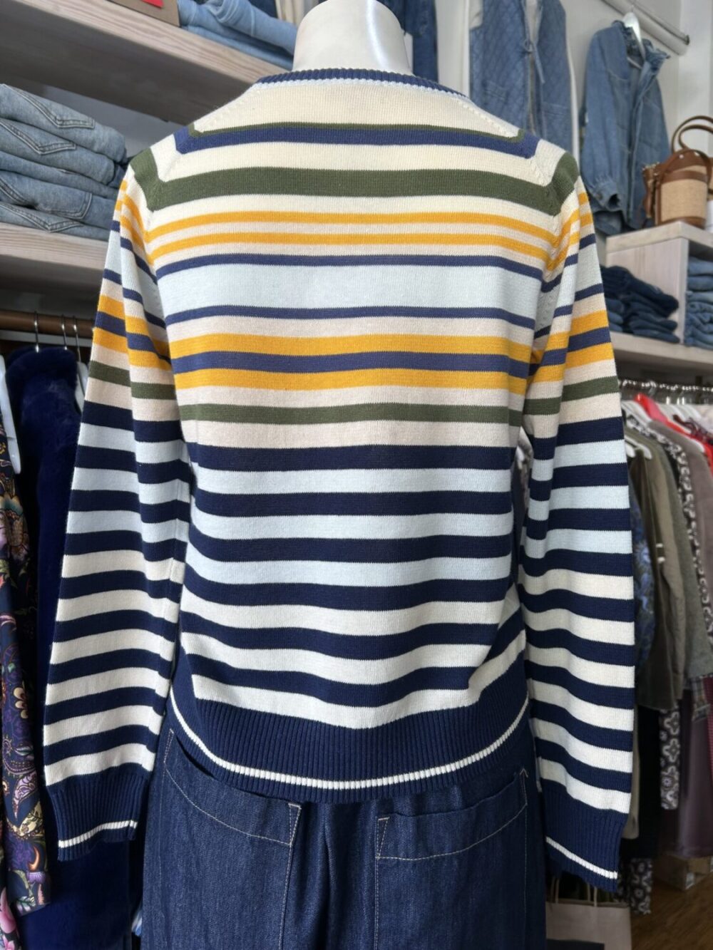 POL Clothing Sela Spring Multi Stripe Knit Ink/Mist/Saffron - Image 4