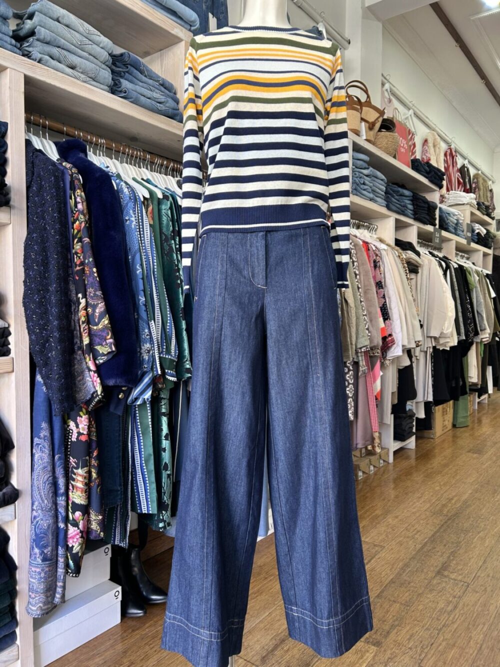 POL Clothing Sela Spring Multi Stripe Knit Ink/Mist/Saffron