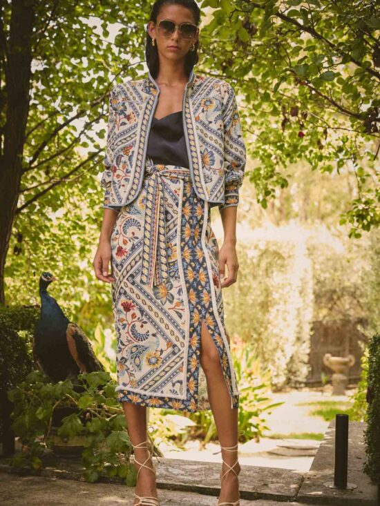 Once Was Zenobia Viscose Fringe Midi Skirt in Petinos Floros