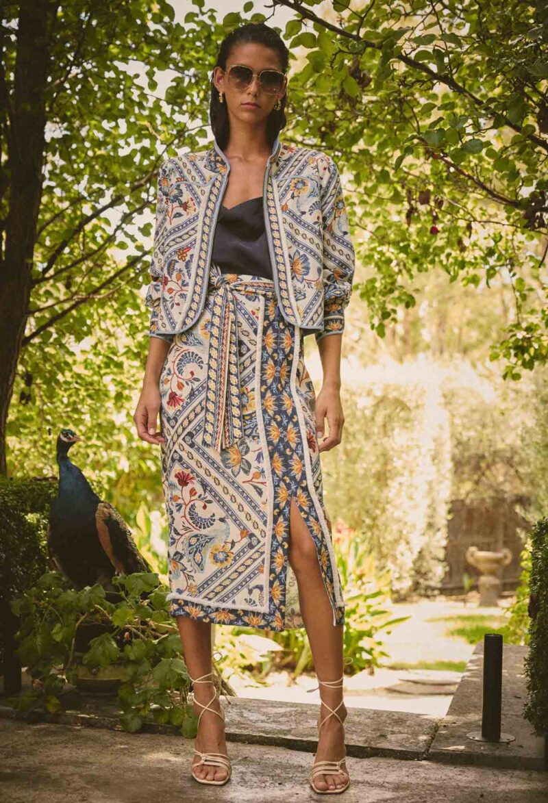 Once Was Zenobia Viscose Fringe Midi Skirt in Petinos Floros