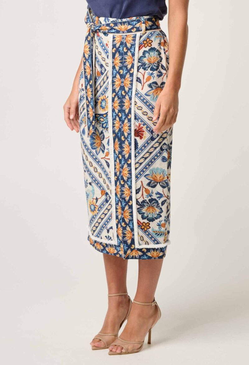 Once Was Zenobia Viscose Fringe Midi Skirt in Petinos Floros - Image 3