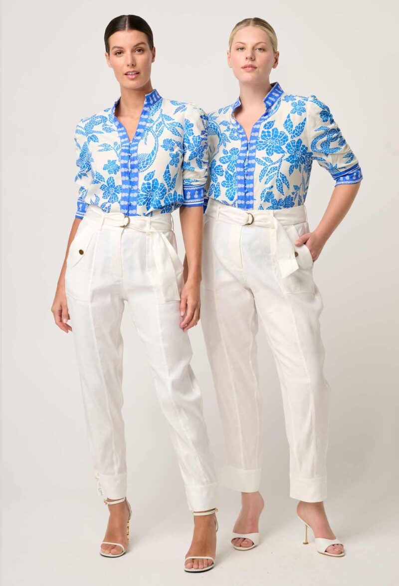 Once Was Calantha Viscose Dobby Rouched Sleeve Shirt in Azure Mosaic - Image 7