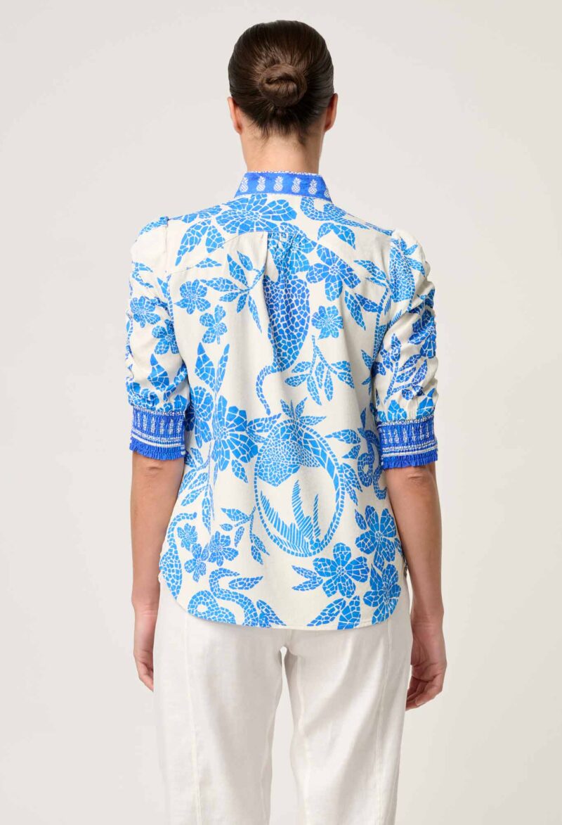 Once Was Calantha Viscose Dobby Rouched Sleeve Shirt in Azure Mosaic - Image 6