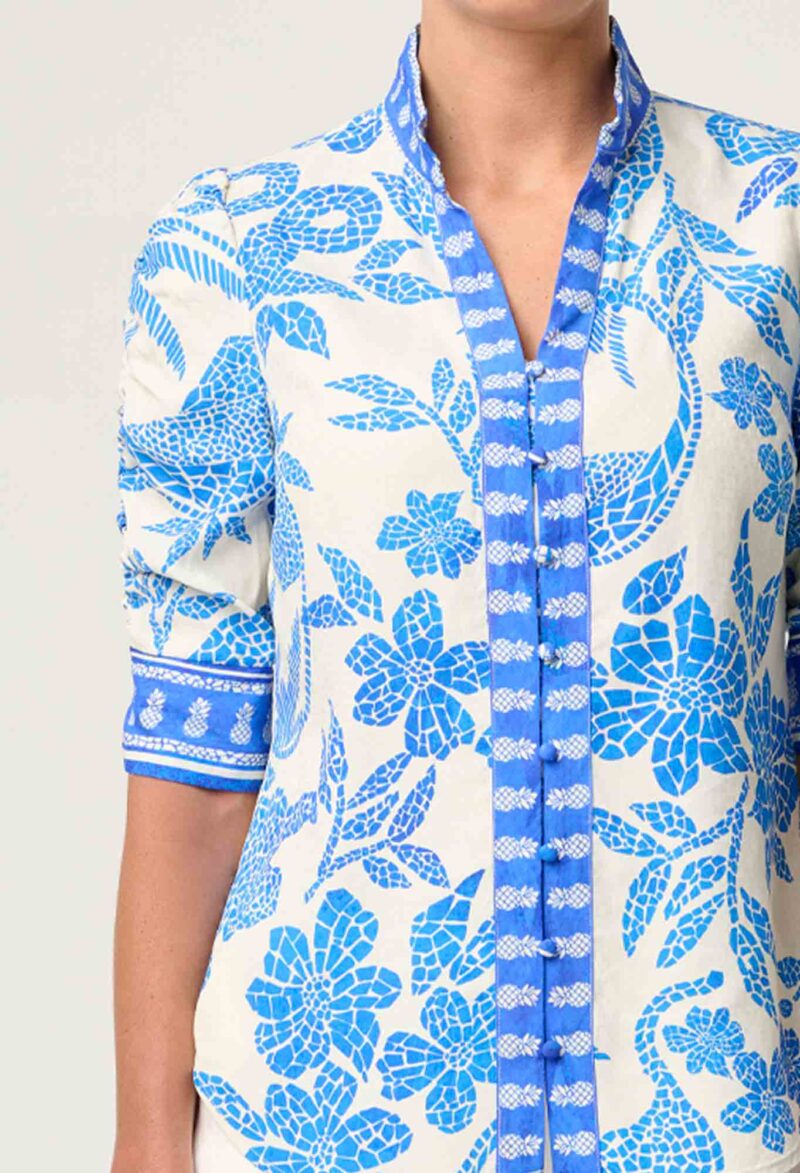Once Was Calantha Viscose Dobby Rouched Sleeve Shirt in Azure Mosaic - Image 2