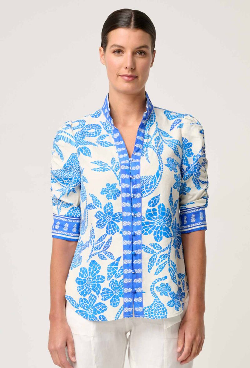 Once Was Calantha Viscose Dobby Rouched Sleeve Shirt in Azure Mosaic - Image 4