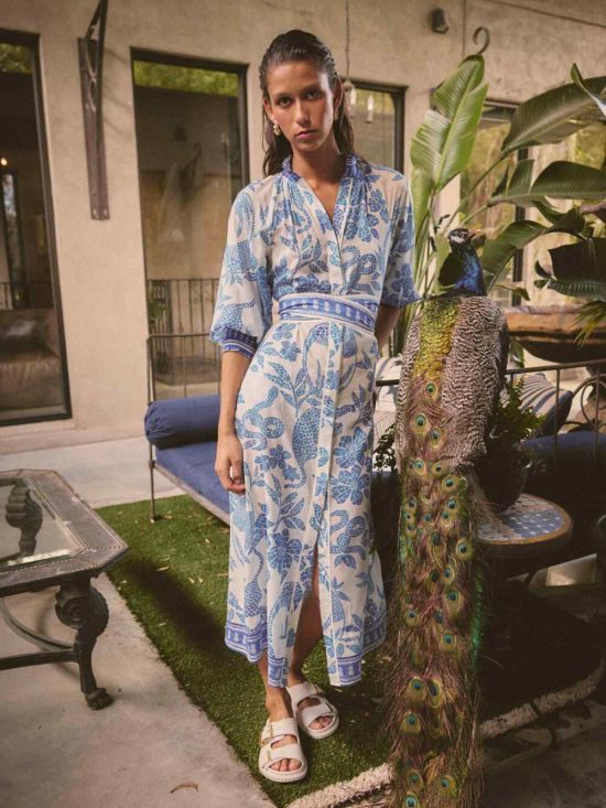 Once Was Carmen Cotton Silk Maxi Dress in Azure Mosaic