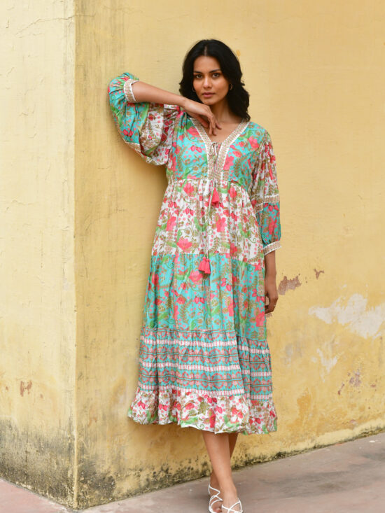 Azure and Indigo Hummingbird Maxi Dress