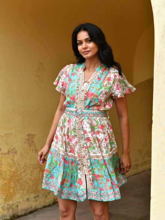 Azure and Indigo Hummingbird Mini Dress