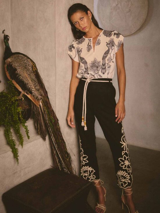 Once Was Helm Placement Embroidered Linen Viscose Straight Leg Pant Black