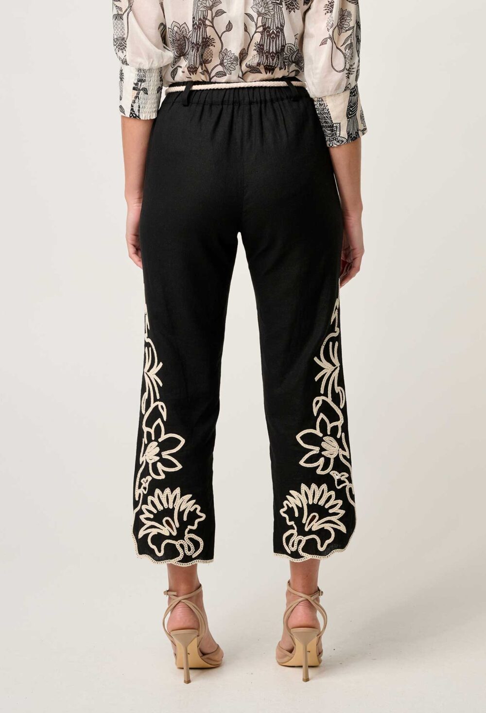 Once Was Helm Placement Embroidered Linen Viscose Straight Leg Pant Black - Image 6