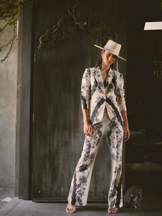 Once Was Leandro Contrast Lace Linen Viscose Stretch Pant in Imperial Stone