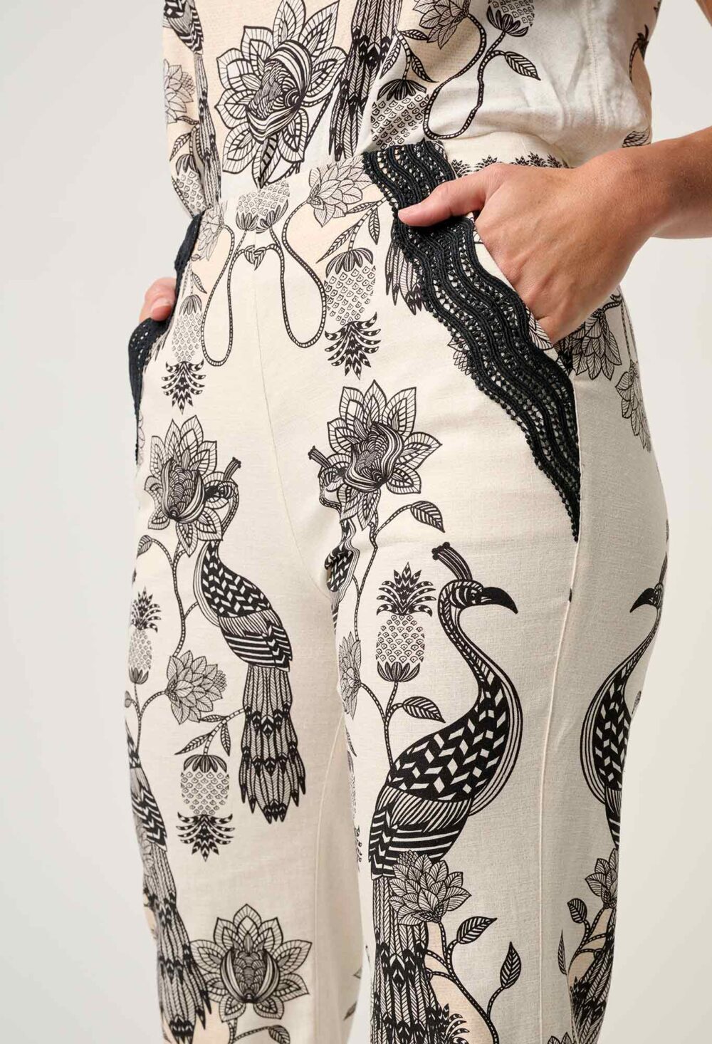 Once Was Leandro Contrast Lace Linen Viscose Stretch Pant in Imperial Stone - Image 5