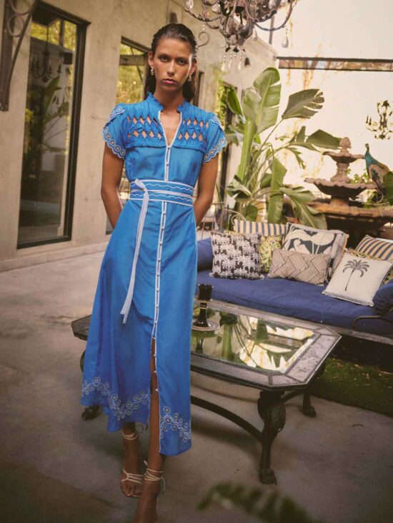 Once Was Xanthia Diamond Smock Yoke Cotton Silk Embroidered Dress in Blue Topaz