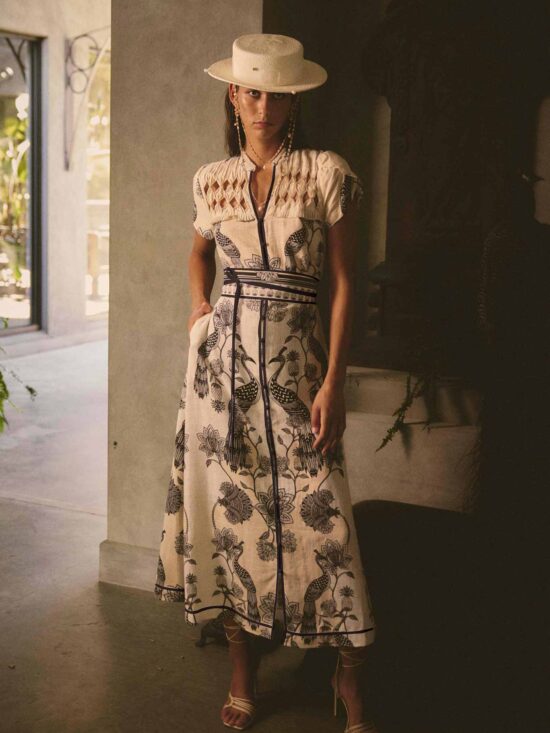 Once Was Xanthia Diamond Smock Yoke Linen Viscose Dress in Imperial Stone