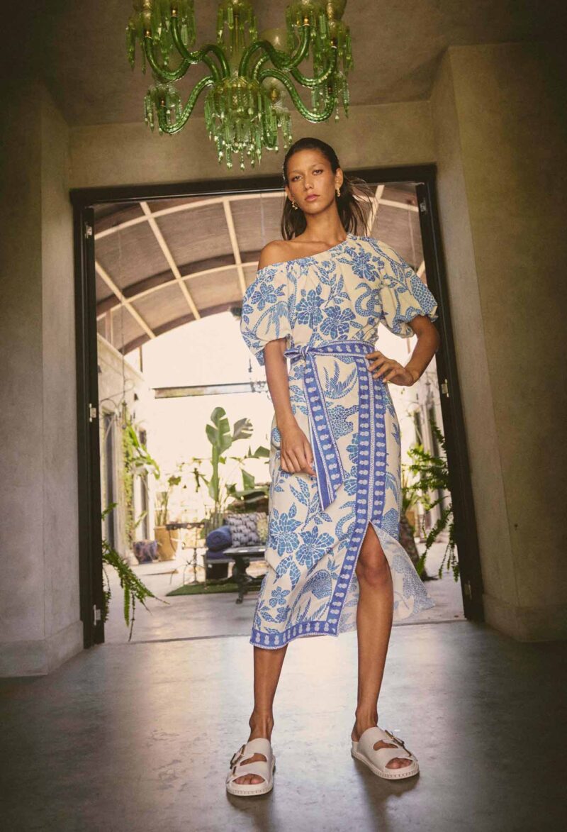 Once Was Zenobia Viscose Dobby Midi Skirt in Azure Mosaic