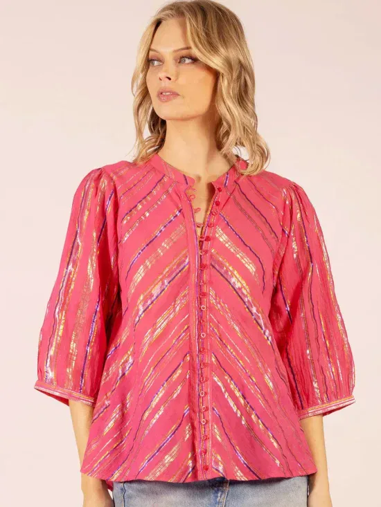 Lola Australia Scarlett Candy Stripe Cotton Shirt in Raspberry Stripe