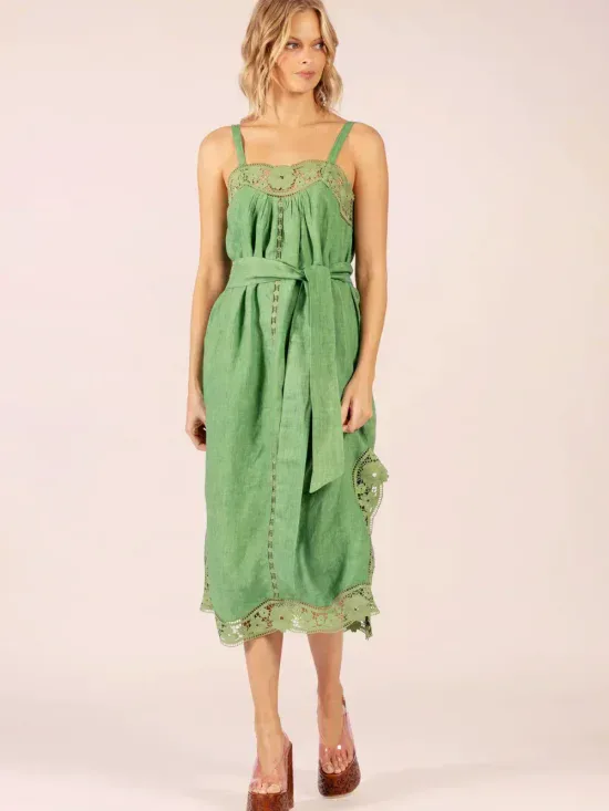Lola Australia Lido Linen and Lace Maxi Dress in Emerald