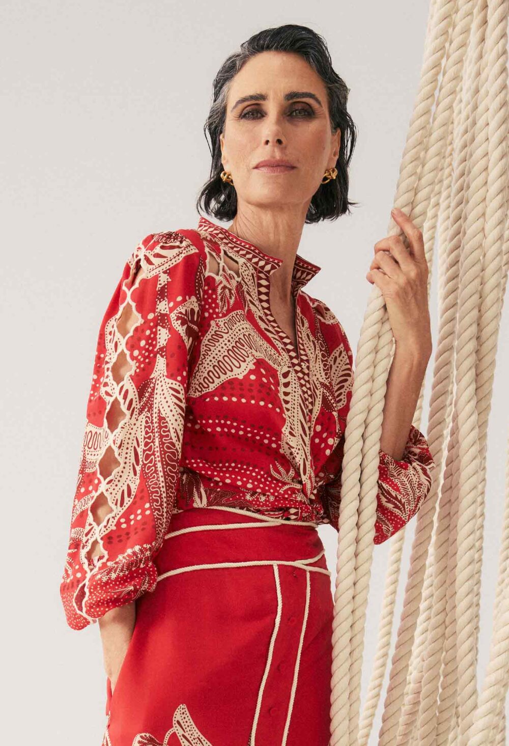 Once Was Audrey Placement Embroidered Blouse in Crimson Palms - Image 9