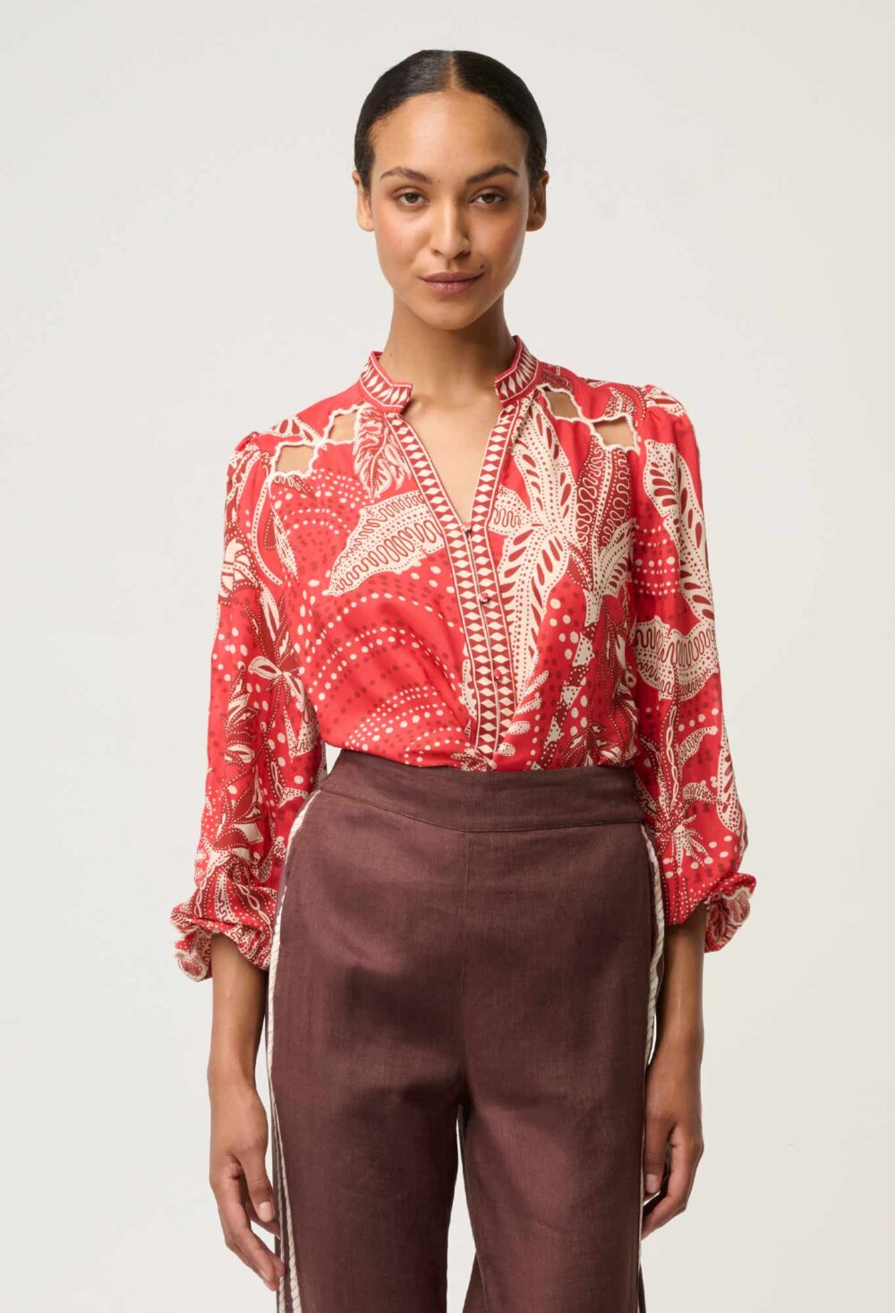 Once Was Audrey Placement Embroidered Blouse in Crimson Palms - Image 3