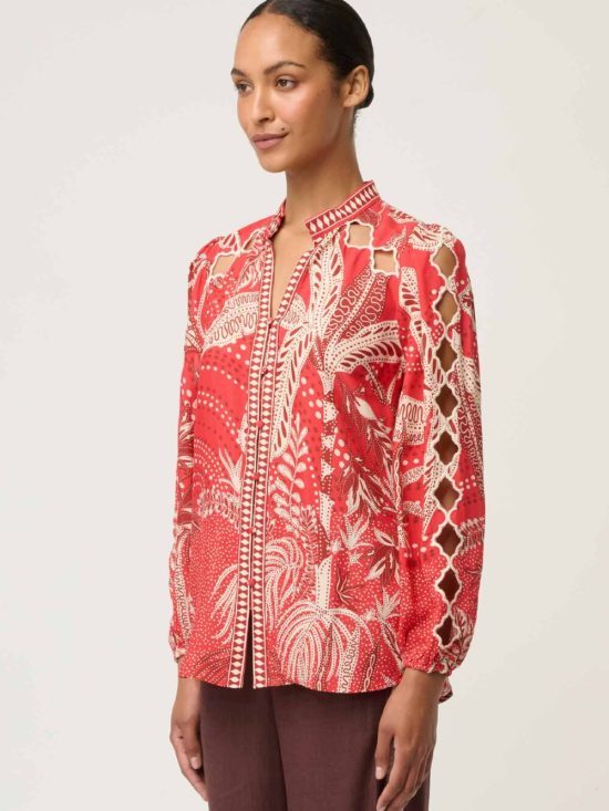 Once Was Audrey Placement Embroidered Blouse in Crimson Palms