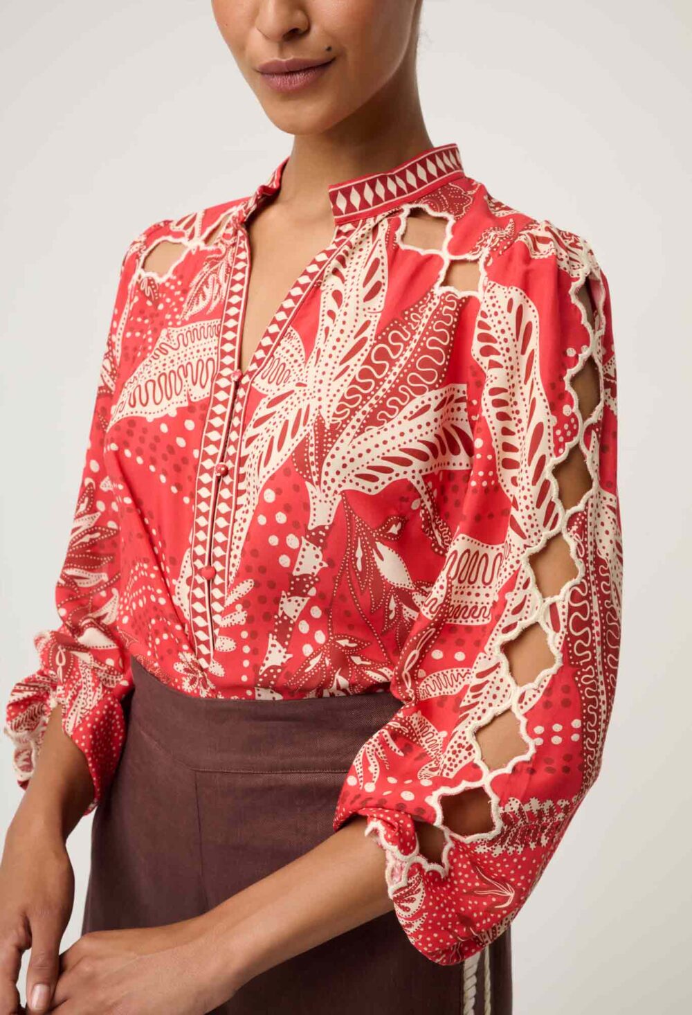 Once Was Audrey Placement Embroidered Blouse in Crimson Palms - Image 2