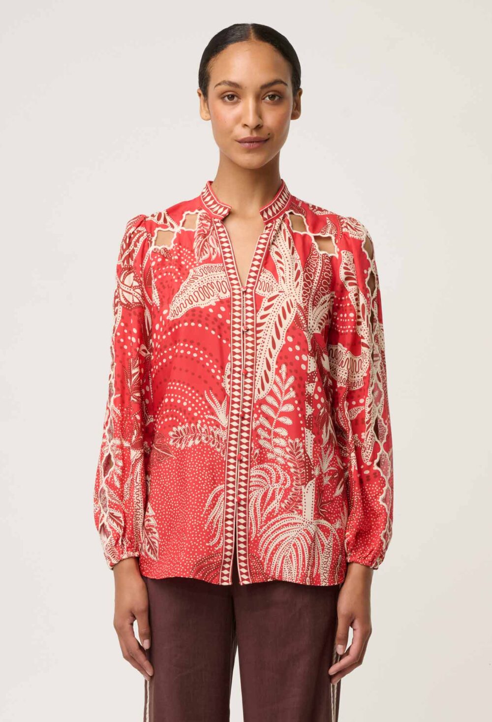 Once Was Audrey Placement Embroidered Blouse in Crimson Palms - Image 6
