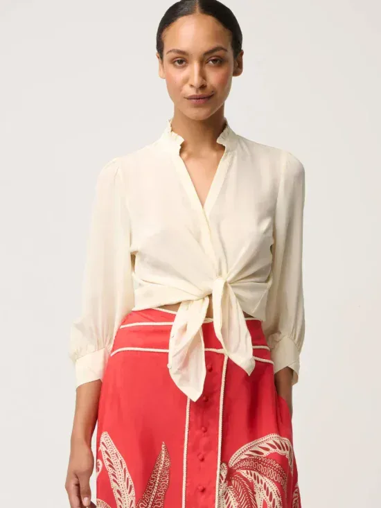 Once Was Chloe Silk Criss Cross Cuffed Shirt in Cloud