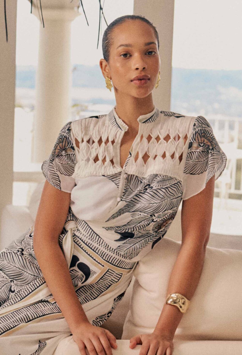 Once Was Dalia Diamond Smock Yoke Cotton Shirt in Ivory Casablanca - Image 9