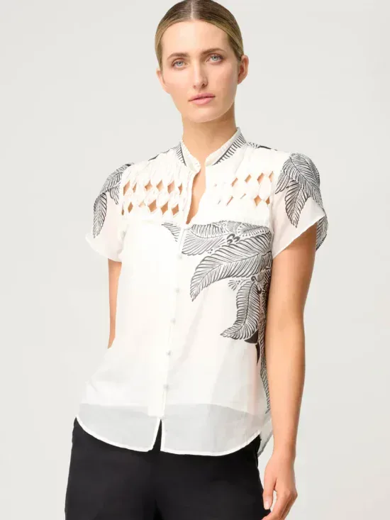 Once Was Dalia Diamond Smock Yoke Cotton Shirt in Ivory Casablanca