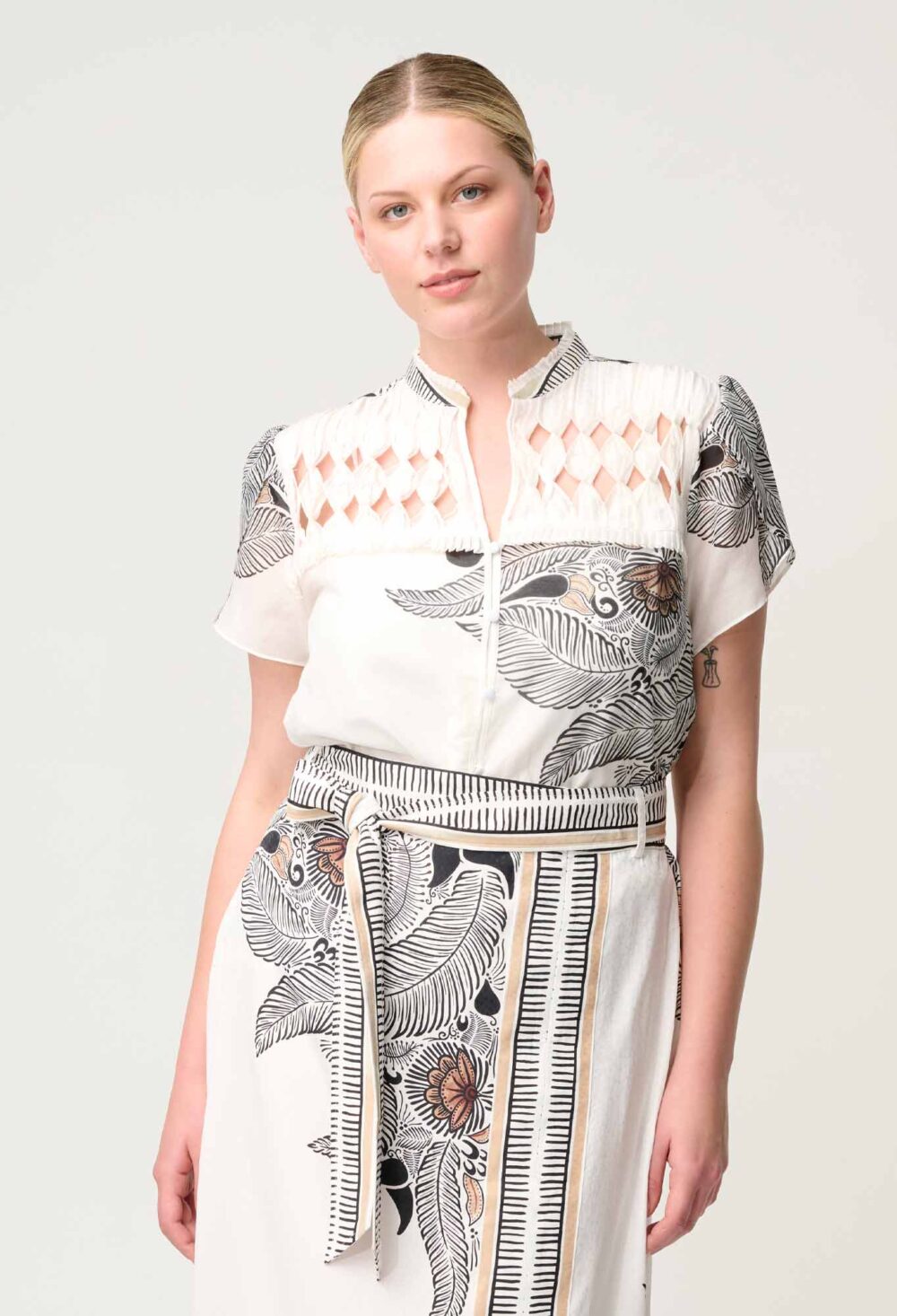 Once Was Dalia Diamond Smock Yoke Cotton Shirt in Ivory Casablanca - Image 7