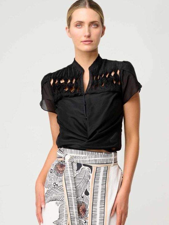 Once Was Dalia Diamond Smock Yoke Silk Cotton Shirt in Onyx 