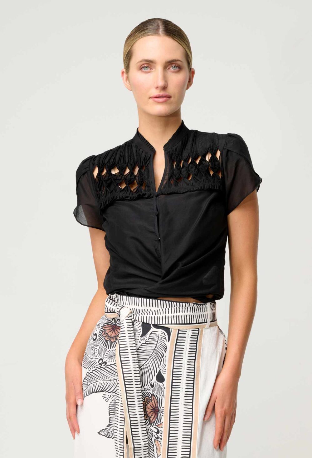 Once Was Dalia Diamond Smock Yoke Silk Cotton Shirt in Onyx