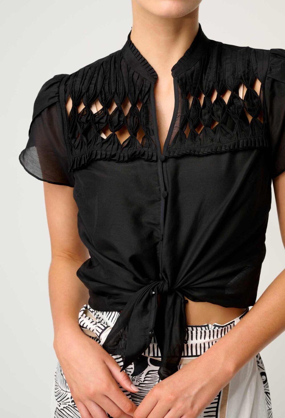 Once Was Dalia Diamond Smock Yoke Silk Cotton Shirt in Onyx - Image 8